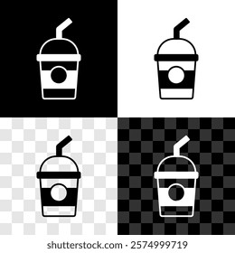 Set Milkshake icon isolated on black and white, transparent background. Plastic cup with lid and straw.  Vector