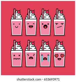 Set of Milkshake Icons in Different Expressions Like Happy, Sad and Crying