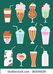 set of milkshakes with berries, milk beverages, ice cream. vector