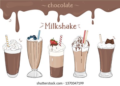 Set of milkshakes with chocolate on white background. Colorful vector illustration in sketch style.