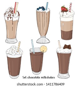 Set of milkshakes with chocolate on white background. Sweet drinks with various additives, berries and nuts. Colorful vector illustration in sketch style. For menu, cafe, restaurant, signage, banner