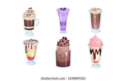 Set of milkshakes and mousses. Vector illustration.