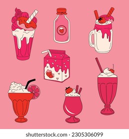 Conjunto de batidos con fresa y helado. Ilustración de vectores aislada