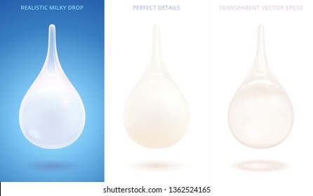 Set of milky drops. 3d realistic vector droplets. White and pearl tints. Icons of milk, cream, diary cocktail, beauty lotion, liquid soap. Perfect details. Gradient meshes with a various transparency