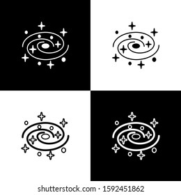Set Milky way spiral galaxy with stars icon isolated on black and white background.  Vector Illustration