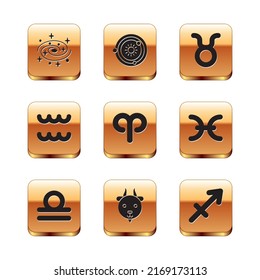 Set Milky way spiral galaxy, Libra zodiac, Aries, Aquarius, Taurus, Sagittarius and Solar system icon. Vector
