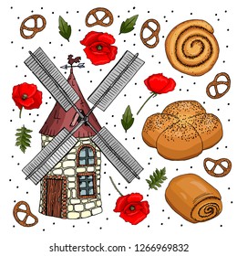 Set of mill, poppy flowers and poppy seed buns.
