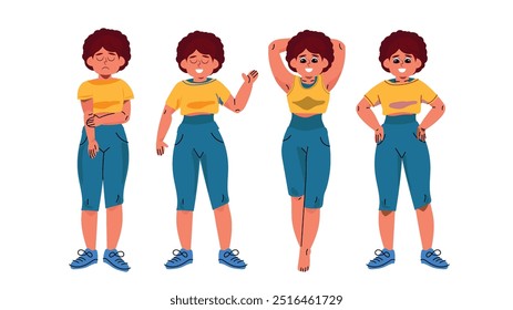 Set of millennial female characters with negative emotions, dressed in smart casual outfits like jeans shorts and a red shirt. The vector flat style cartoon illustrations depict her standing in troubl