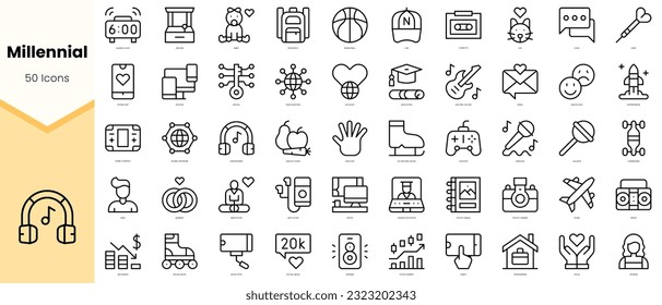 Set of millennial Icons. Simple line art style icons pack. Vector illustration