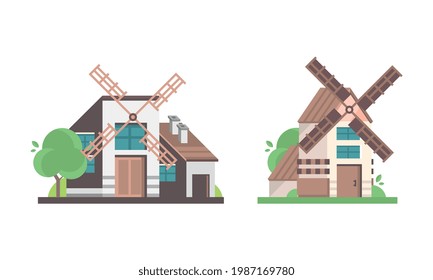 Conjunto de molinos, antiguos edificios rurales de molinos de viento para la ilustración de vectores de caricaturas para el procesamiento de granos o pan