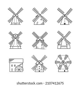 Set of mills icons. Vector outline illustration is editable and suitable for any scale. Ideal for packaging, promo, advertising. EPS10.	