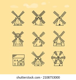 Conjunto de iconos de molinos. La ilustración del contorno vectorial es editable y adecuada para cualquier escala. Ideal para empaque, promoción, publicidad. EPS10.