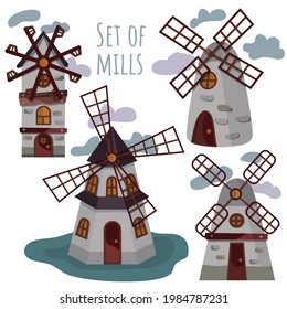 A set of mills. Vector illustration of old mills. Windmill icons set in cartoon style. Wooden buildings. Wheat and flour.