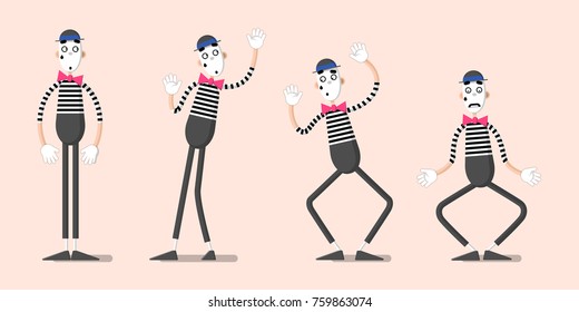 A set of mime performances. Behind the invisible wall. Drawn in flat style.