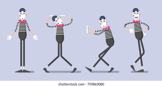 A set of mime performances. Behind the invisible wall, shrugging shoulders; leaning on. Drawn in flat style.