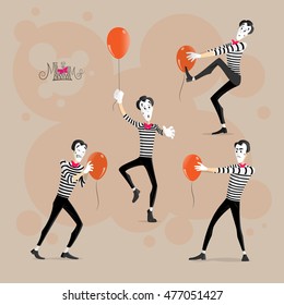 A Set of Mimes Performing Pantomimes with Balloons Called Hypnotizing, Moving, Sticking, Flying 