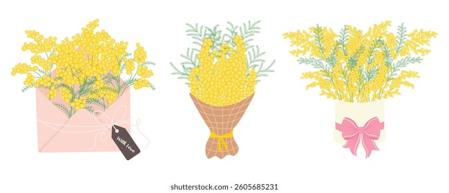 Set of Mimosa Bouquets. Spring Yellow Flowers Collection. Floral illustration in a soft, elegant style for spring holidays. Vector illustration