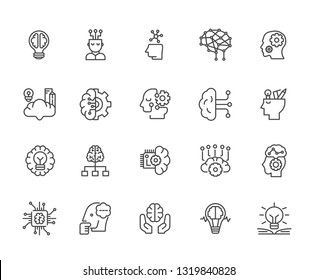 Set of mindfulness Related Vector Line Icons. Includes such Icons as idea, accuracy, thoughts, concentration, brainstorming, exercises, tasks, solution, genius, ingenuity, invention