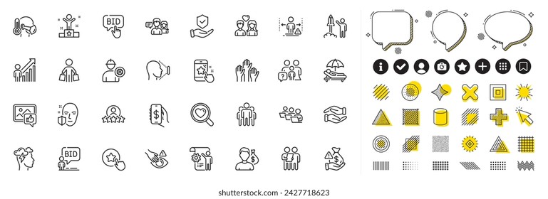 Set of Mindfulness stress, Group and Teamwork line icons for web app. Design elements, Social media icons. Face protection, Dont touch, Salary icons. Engineer, Buyer, Family questions signs. Vector