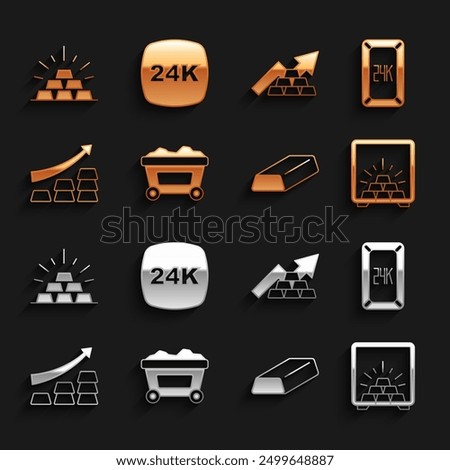 Set Mine cart with gold, Gold bars 24k, Safe, Growth arrow,  and  icon. Vector