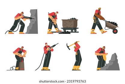 Set mine industry workers  flat vector illustration isolated white background  Collection miners working underground using professional tools    dynamite  wheelbarrow  pickaxe   shovel 