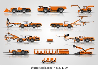 The set mine mining vehicles. The machine of  mine mining underground operations. Equipment for construct tunnel .