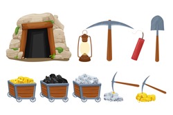 Set Mine Tools, Equipment In Cartoon Style Isolated On White Background. Wooden Cart With Gold, Silver, Coal Ore, Tunnel Entrance, Retro Lamp, Pickaxe And Shovel. Ui Assets