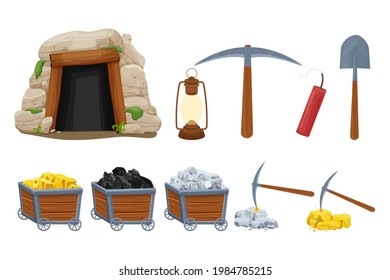 Set mine tools, equipment in cartoon style isolated on white background. Wooden cart with gold, silver, coal ore, tunnel entrance, retro lamp, pickaxe and shovel. Ui assets