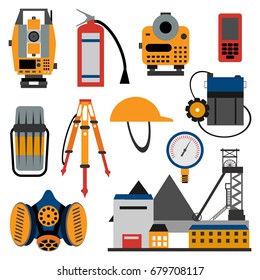 A set of mine tools and measuring instruments. Devices and means of individual protection for mine production, geodetic works, topography, construction. Vector illustration