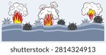 Set of mined sea. Hand drawn vector flat. Naval warfare. Anti-submarine mine in the water. Fire explosion cloud. Sea battle. Minefield. Color illustration.