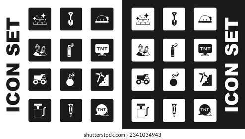 Colocar casco de Miner, Dinamita, Gem stone, Barras de Oro, Shovel, Pickaxe y el icono del camión de volcado de Minería. Vector