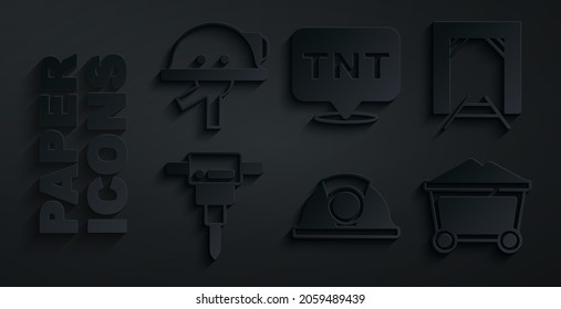 Set Miner helmet, entrance, Construction jackhammer, coal trolley, Dynamite and  icon. Vector