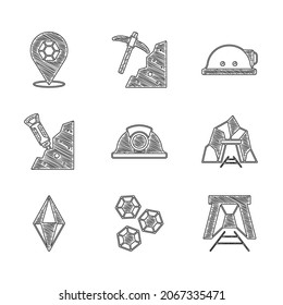 Set Miner helmet, Gem stone, entrance, Construction jackhammer,  and  icon. Vector