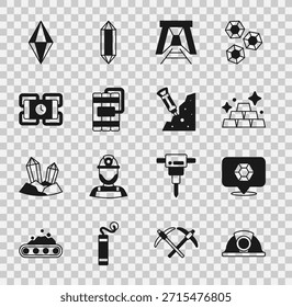 Conjunto Casco de minero, piedra preciosa, barras de oro, entrada, dinamita, y construcción jackhammer icono. Vector