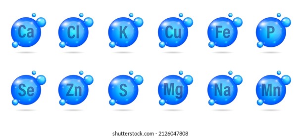 Set of mineral complex. Drop pill capsule collection K, Cl, Ca, Cu, Mn, Na, Fe, Mg, Se, Zn, S, P. Multimineral pill capsule supplement illustration concept. Blue drug nutrition design.