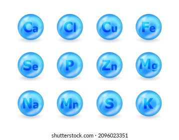 Set of mineral complex. Mineral K, Cl, Ca, Cu, Mn, Na, Fe, Mg, Se, Zn, S, P. Multimineral pill capsule supplement illustration concept. Blue drug nutrition design.