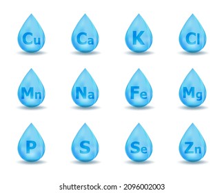 Set of mineral drop complex. Mineral K, Cl, Ca, Cu, Mn, Na, Fe, Mg, Se, Zn, S, P. Blue drug nutrition design. Multimineral pill capsule supplement illustration concept.