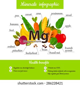 Set of mineral Magnesium and useful products: persimmon; bean; beet; carrot; banana; buckwheat; sorrel; apple; brussels sprouts; corn; nuts; pea. Healthy lifestyle and diet vector concept.