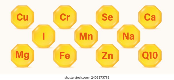 Set of mineral supplement vector. Multivitamin complex icon. Magnesium, copper, iron, zinc, sodium, iodine, manganese, chromium, selenium, Q10 and calcium.