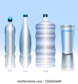 Set of mineral water bottles and glasses, Vector illustration