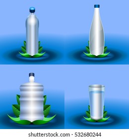 Set of mineral water bottles and glasses, Vector illustration