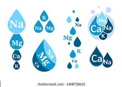 Set of Mineral water icon. Blue drops with mineral designations. Simple flat logos template. Healthy water modern emblems idea. Isolated vector simple sign collection on white background.