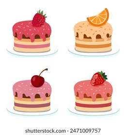 A set of mini cakes. Sweet dessert. Layered fruit cake. Vector illustration isolated on white background