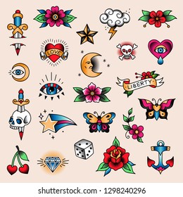 Set of mini color tattoos at traditional vintage style. Small symbols

