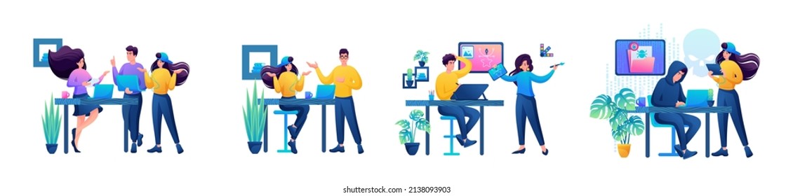 Set of mini concepts of creative teams, freelancers, hackers, programmers, designers, software developers