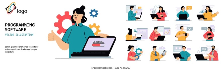 Set of mini concepts on the topic of programming software. Image of the software development process. Vector illustration.