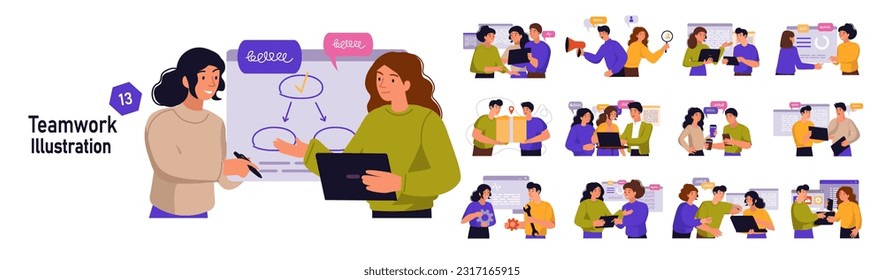 Set of mini concepts on the topic of teamwork. Flat illustrations with cartoon characters depicting teamwork. Vector illustration.