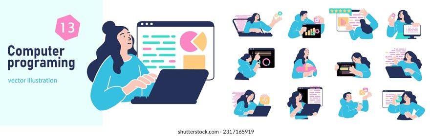 Set of mini concepts on the topic of computer programing. Illustration of the stages of learning computer programming in flat design. Vector illustration.