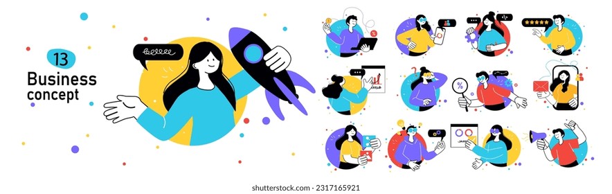 Conjunto de mini conceptos sobre el tema de los negocios. Fotos en diseño plano con la imagen de ideas de negocios de inicio. Ilustración vectorial.