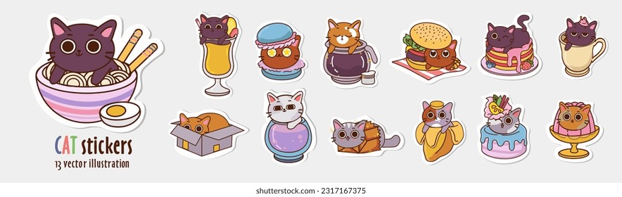 Set of mini concepts on the topic of cat stickers. Illustration of cats in different situations in flat cartoon style. Vector illustration.